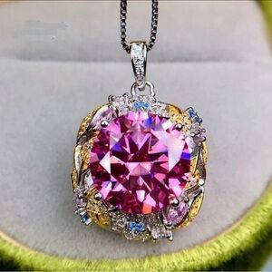 🔥6CT Certified Moissanite Pink Excellent Cut Blossom Necklace 45CM+